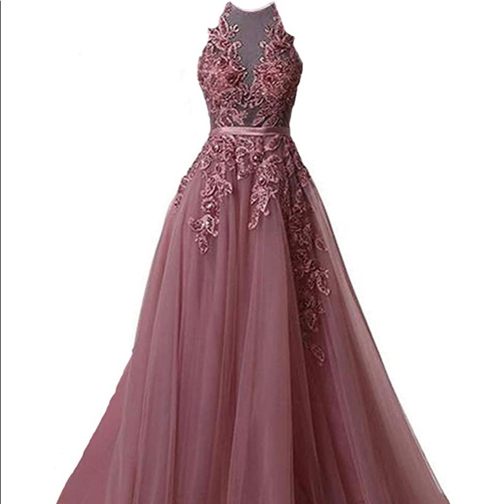 PLUM HALTER PROM DRESS